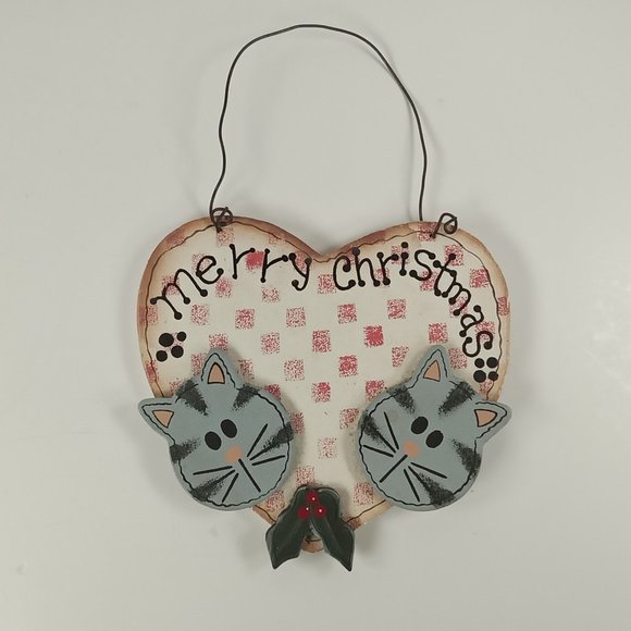 "Merry Christmas" Cat Kittens Wooden Heart 4.5" Country Rustic Holiday Ornament - Picture 1 of 3